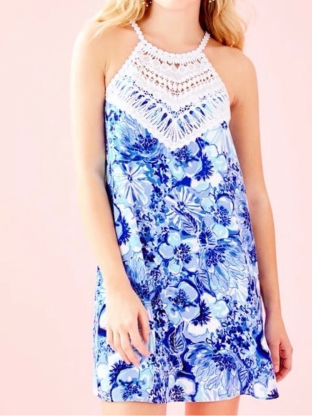 Lilly Pulitzer Pearl Soft Shift Dress Blue Floral Crochet Halter Size